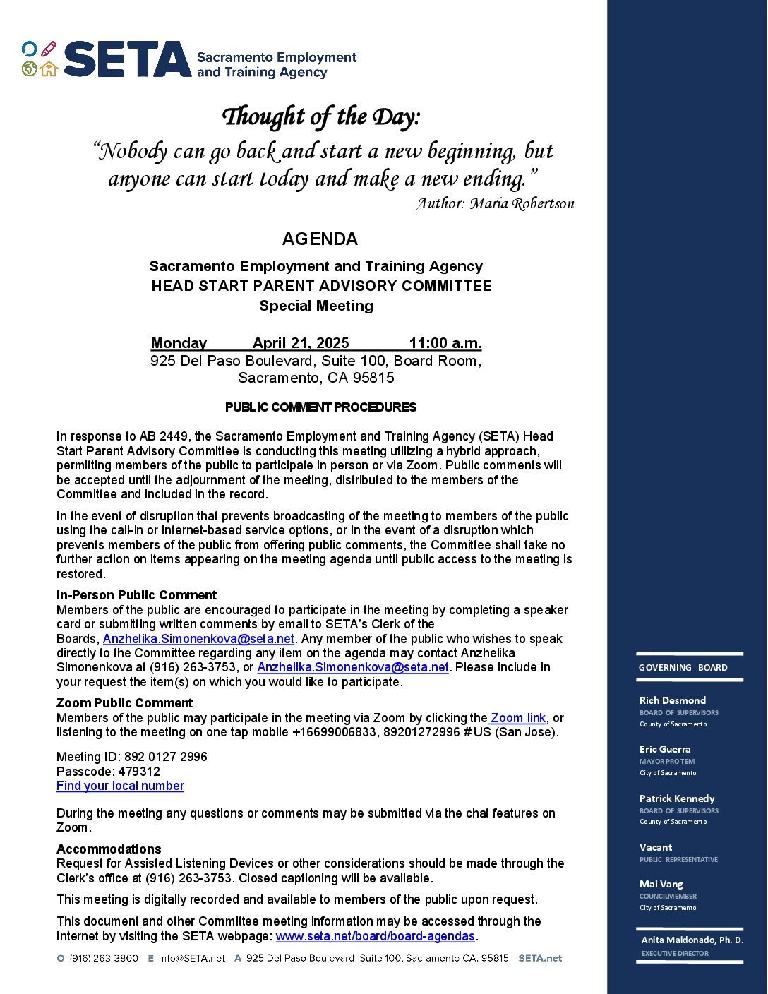 Head Start/Early Head Start Parent Advisory Committee 4/21/2025