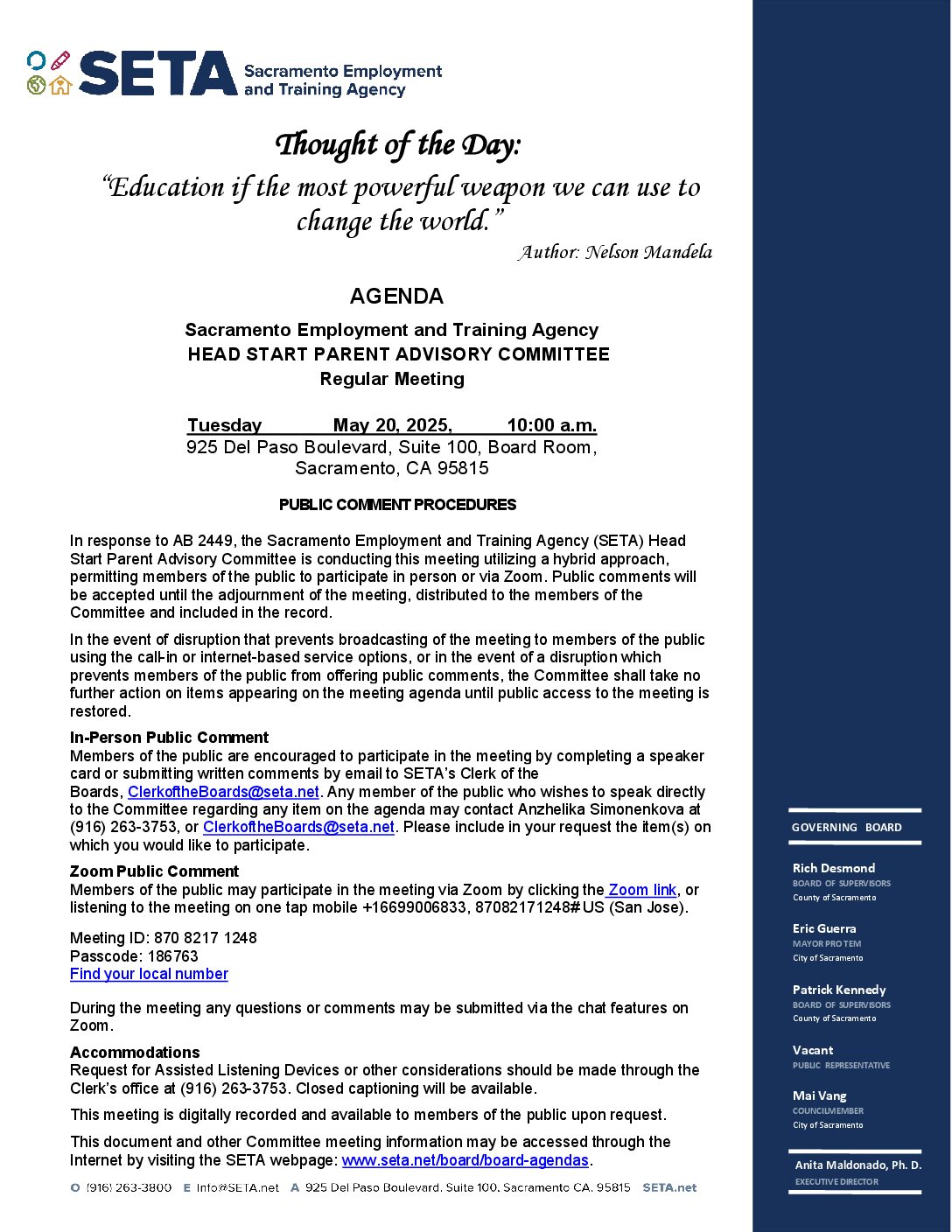 Head Start/Early Head Start Parent Advisory Committee 5/20/2025