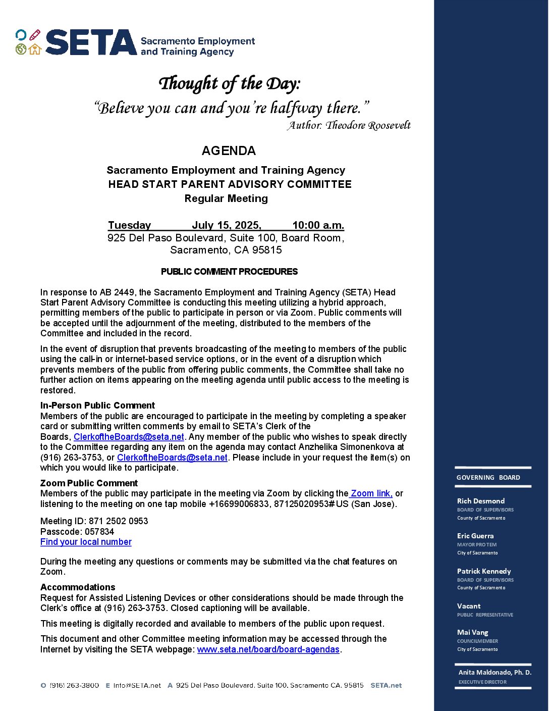 Head Start/Early Head Start Parent Advisory Committee 7/15/2025