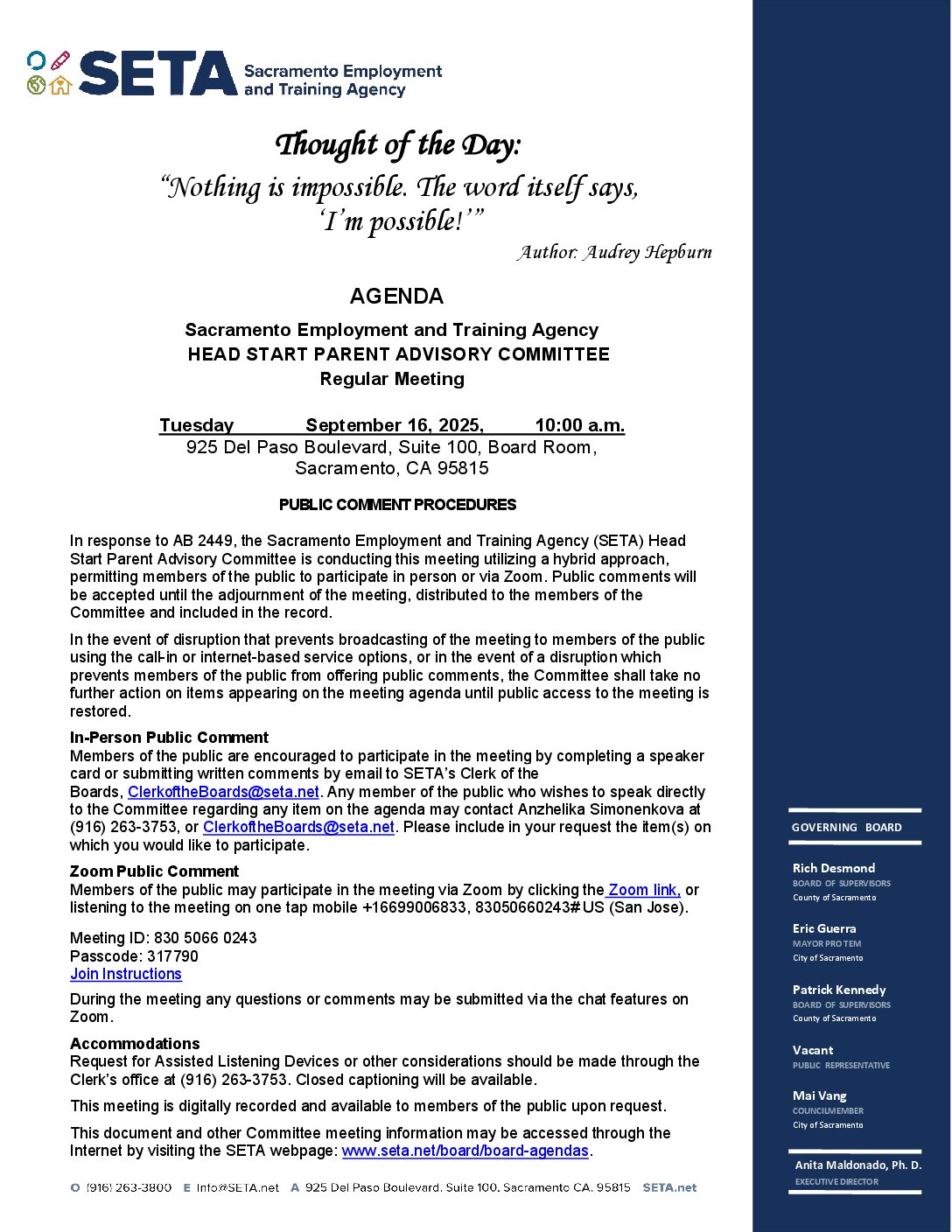 Head Start/Early Head Start Parent Advisory Committee 9/16/2025