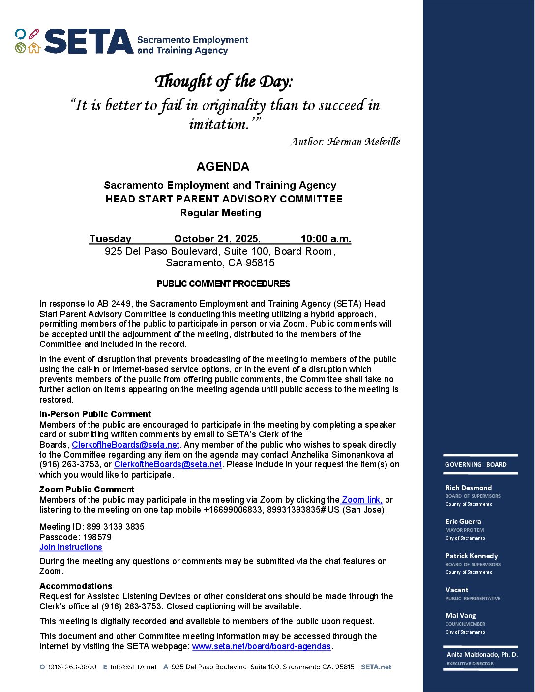 Head Start/Early Head Start Parent Advisory Committee 10/21/2025