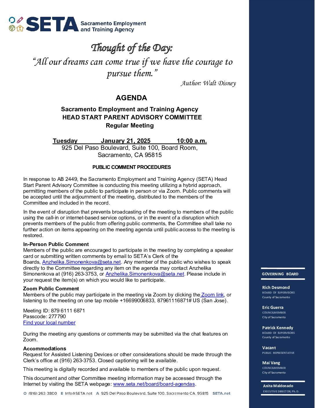 Head Start/Early Head Start Parent Advisory Committee 01/21/2025