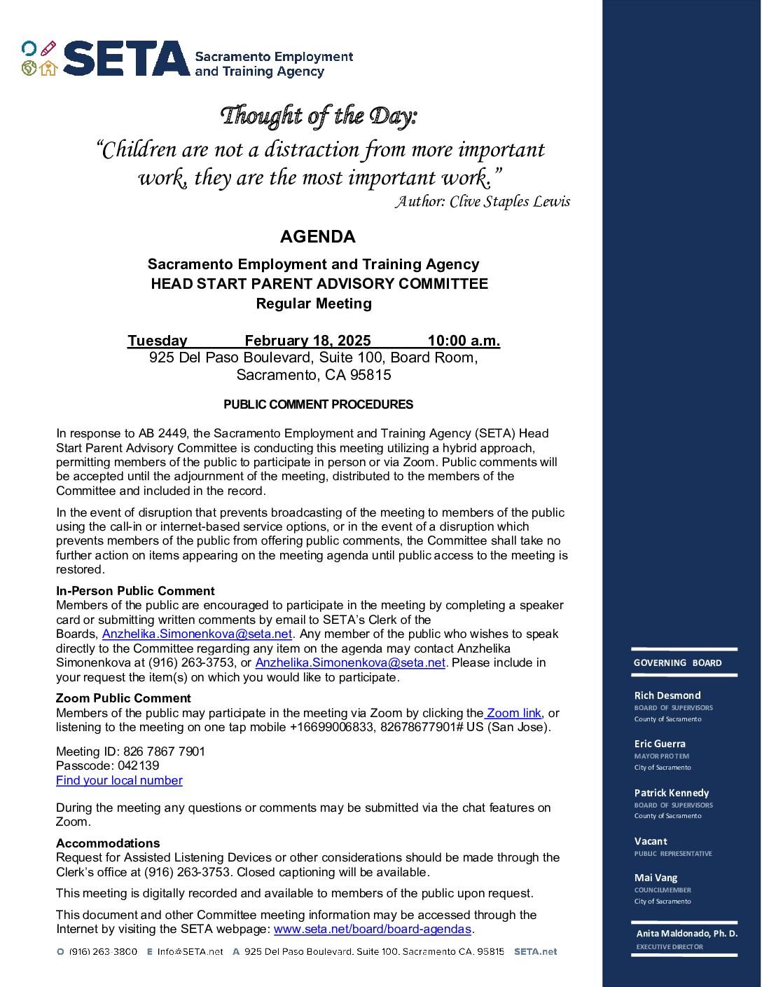 Head Start/Early Head Start Parent Advisory Committee 02/18/2025