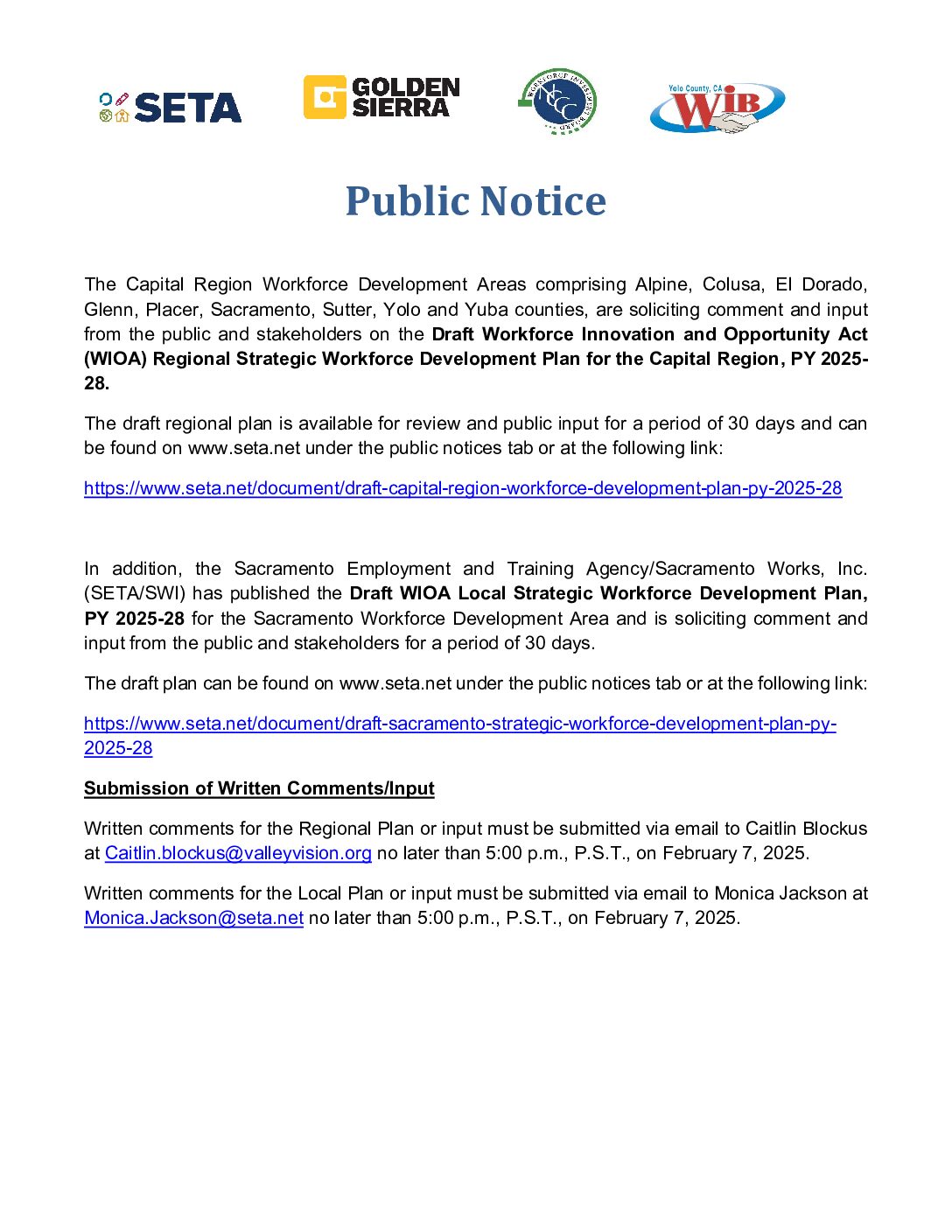 Public Notice Draft Regional and Local Workforce Development Plans, PYs 2024/28
