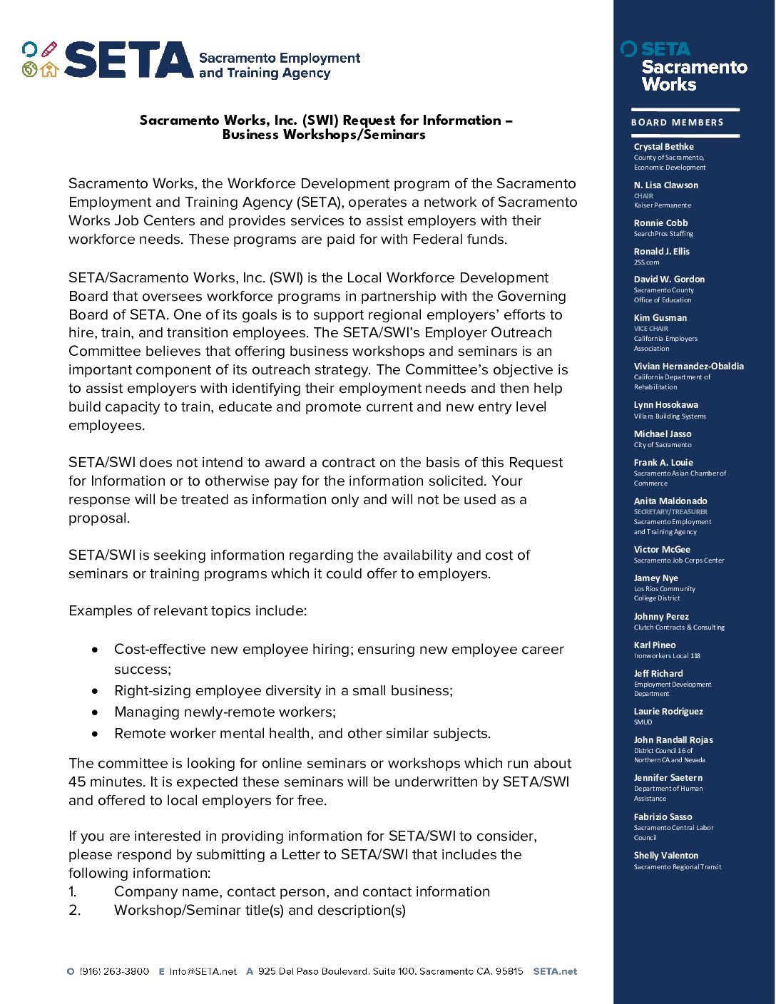 Sacramento Works, Inc. (SWI) Request for Information/Business Workshops/Seminars