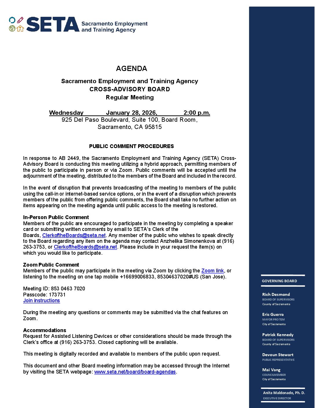 SETA Cross-Advisory Board 01/28/2026