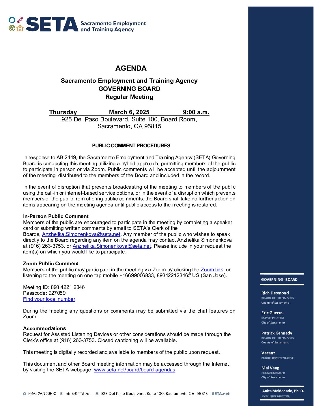 Regular meeting of the SETA Governing Board 03/06/2025