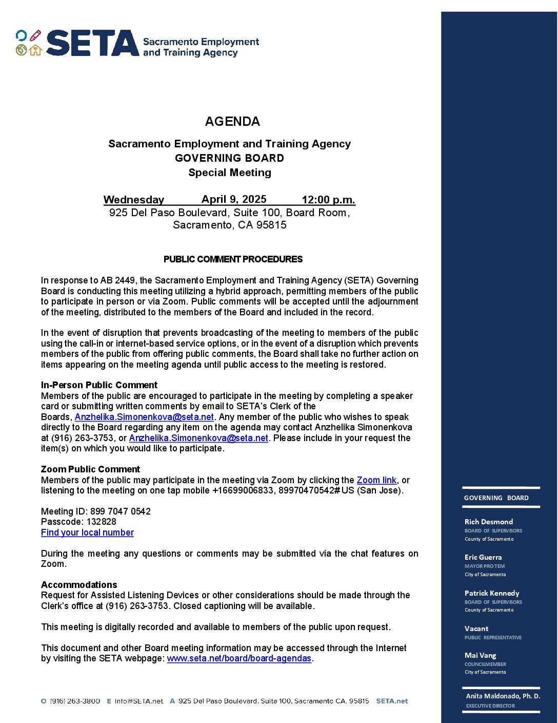 Special Meeting of the SETA Governing Board 4/9/2025