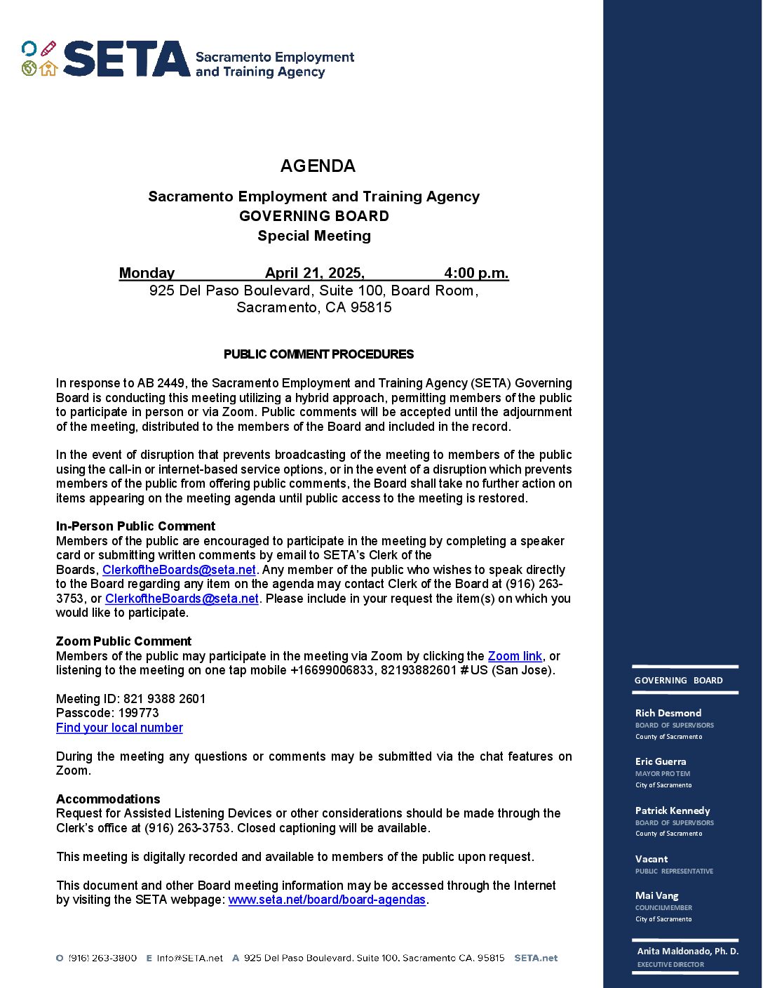 Special Meeting of the SETA Governing Board 4/21/2025