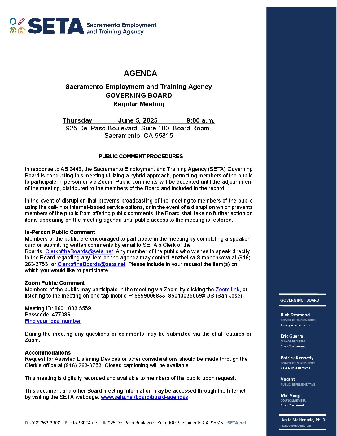 Regular meeting of the SETA Governing Board 06/05/2025