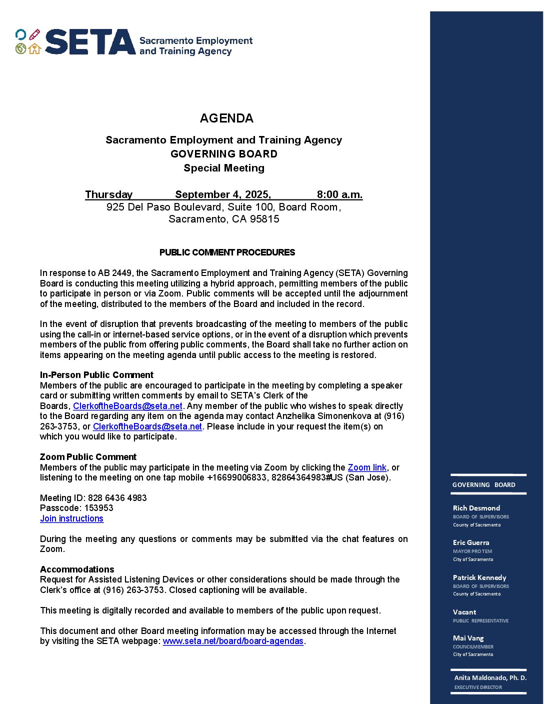 Special Meeting of the SETA Governing Board 09/04/2025