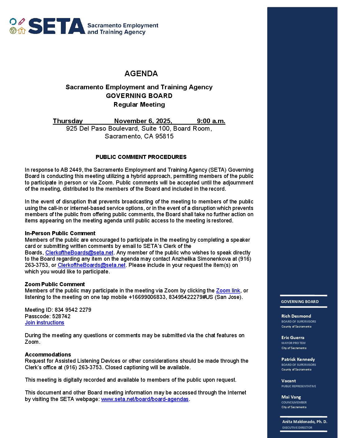 Regular meeting of the SETA Governing Board 11/06/2025