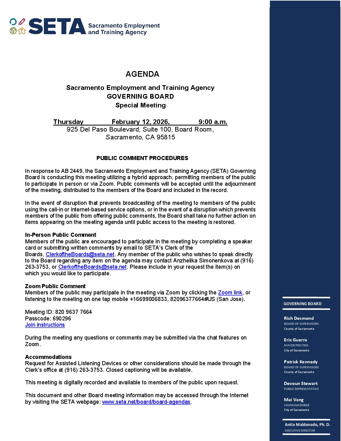 Special Meeting of the SETA Governing Board 02/12/2026