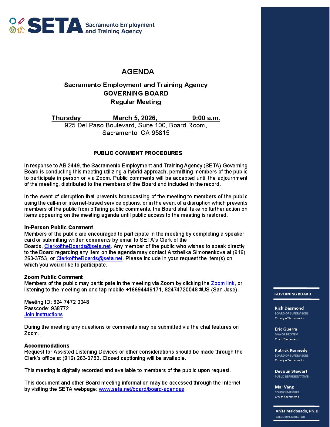 Regular meeting of the SETA Governing Board 03/05/2026