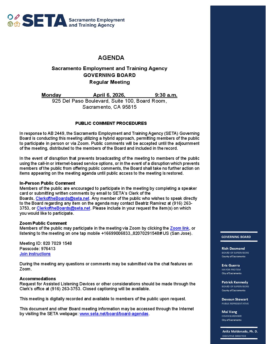 Regular meeting of the SETA Governing Board 04/06/2026