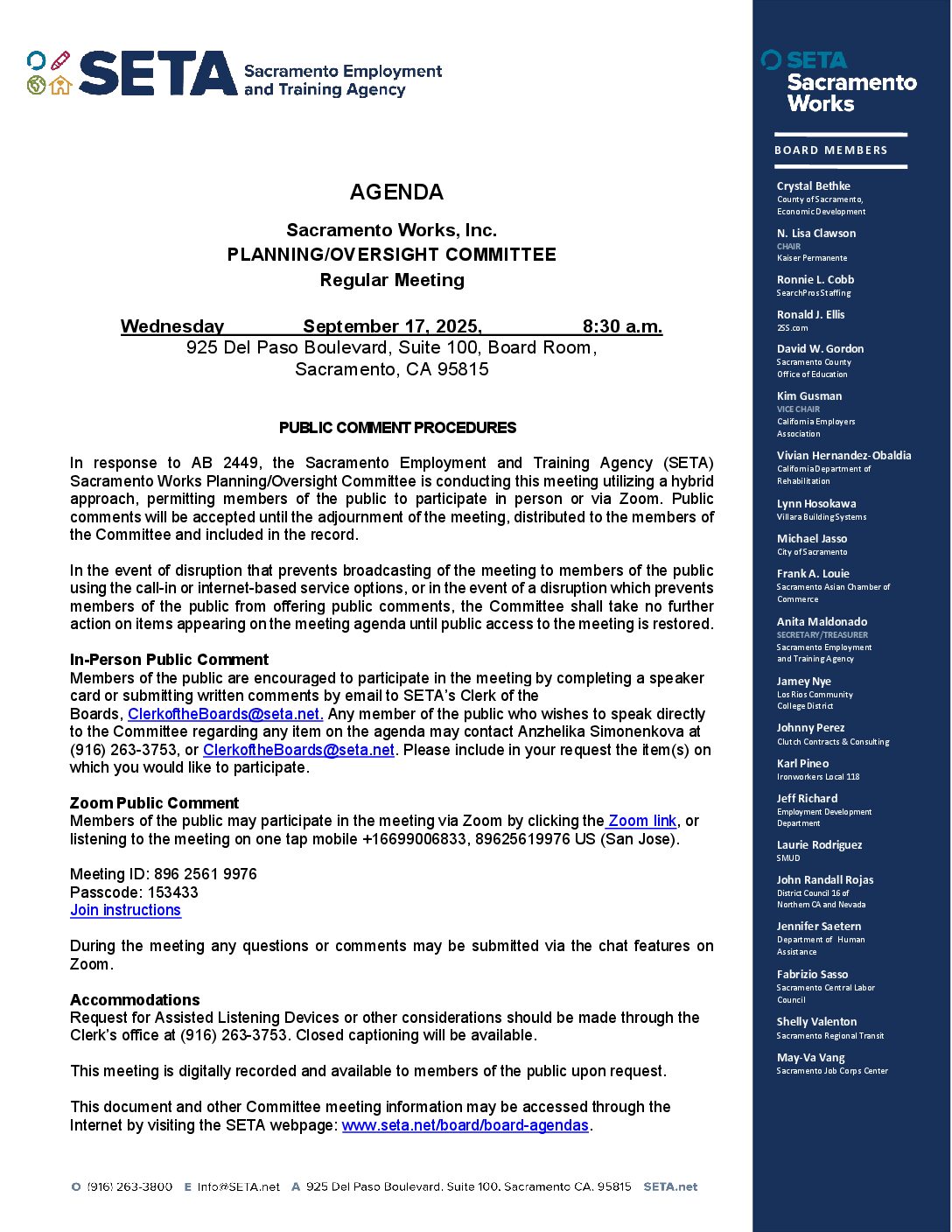 Sacramento Works Planning/Oversight Committee 09/17/2025