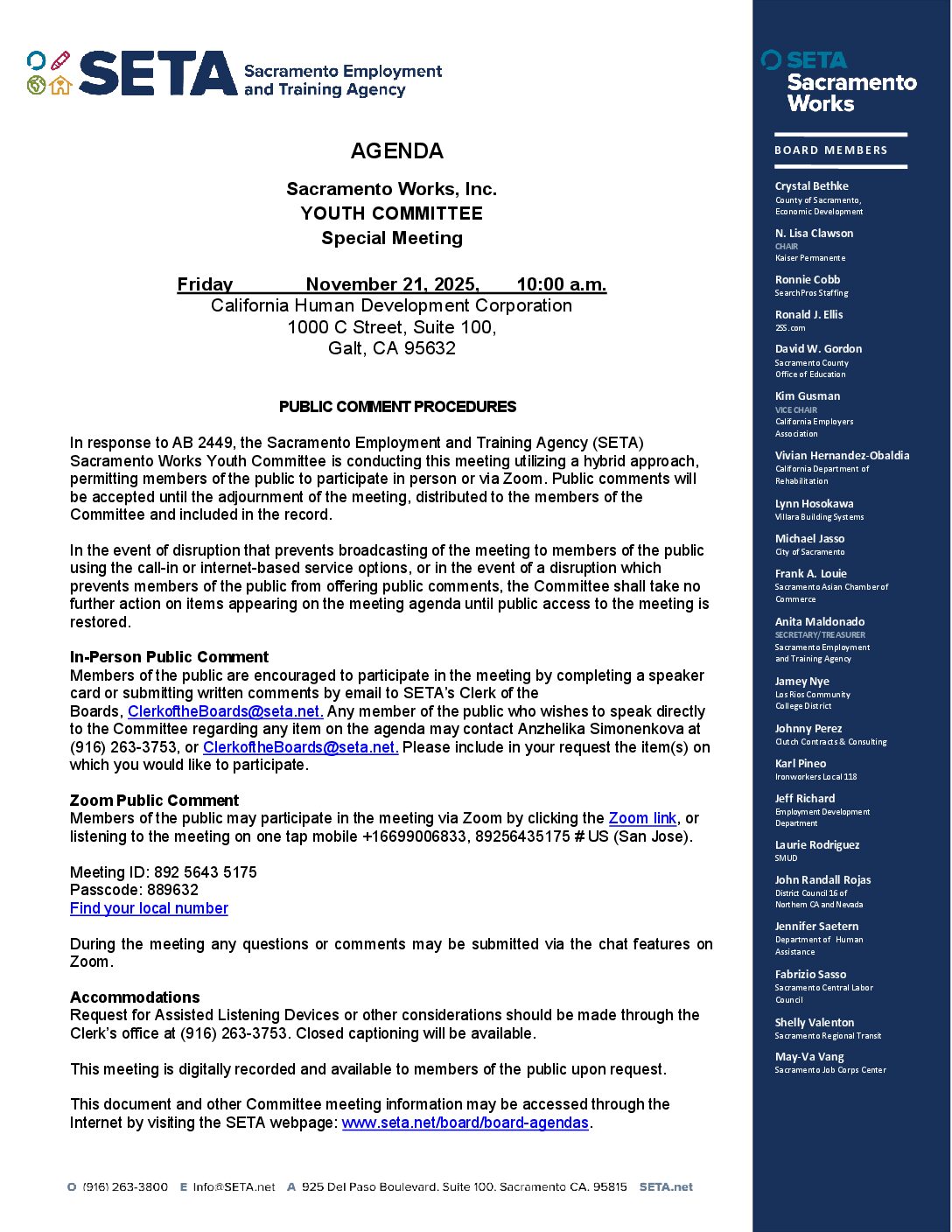 Special Meeting of the Sacramento Works Youth Committee 11/21/2025