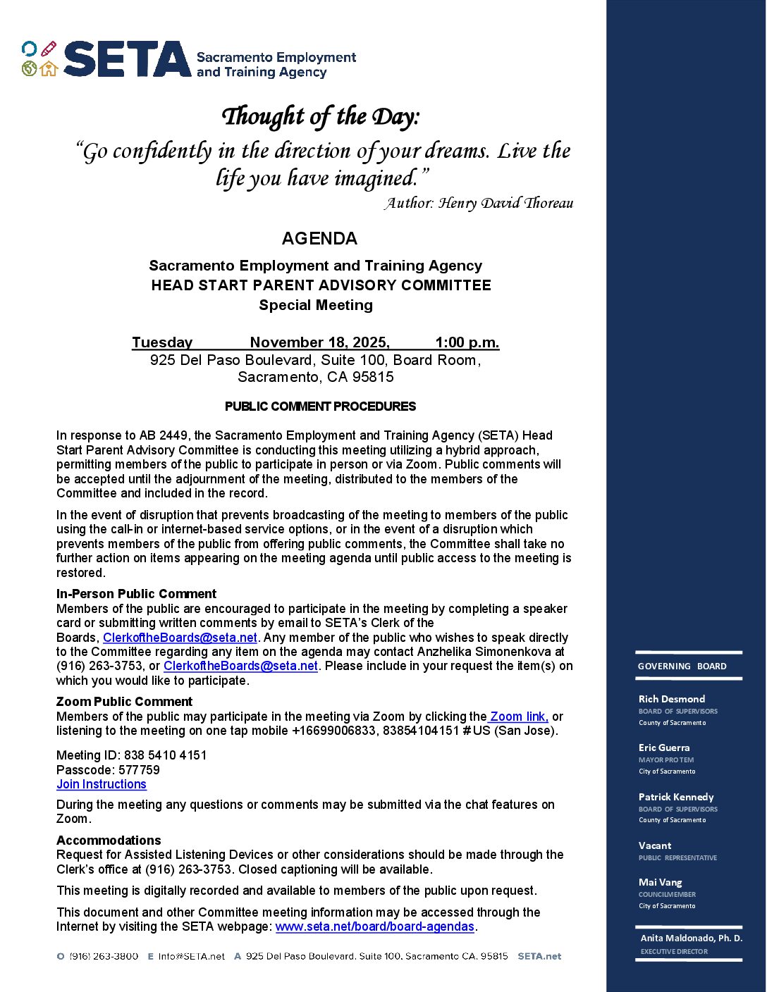 Special Meeting of the Head Start/Early Head Start Parent Advisory Committee 11/18/2025