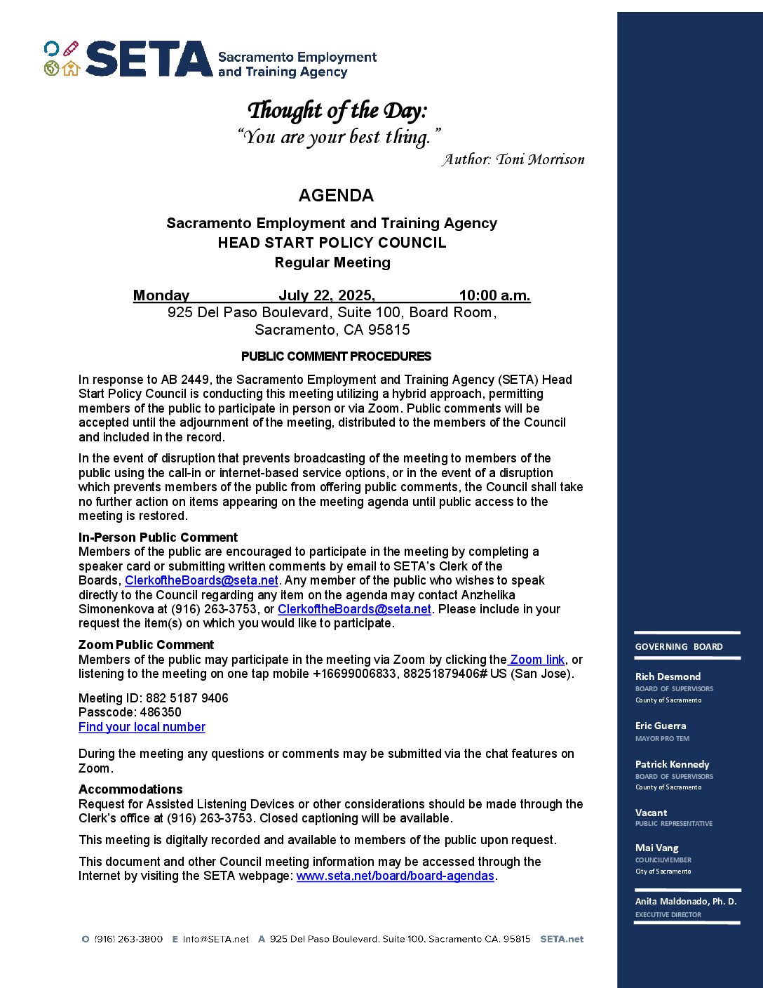 Head Start/Early Head Start Policy Council 07/22/2025