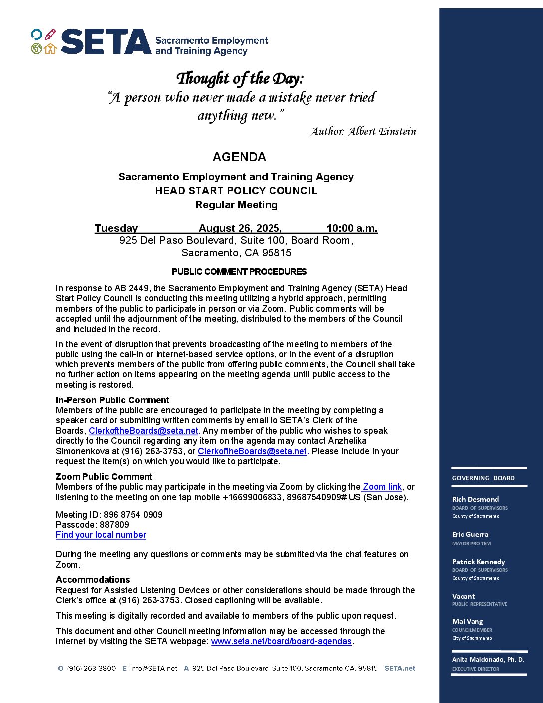 Head Start/Early Head Start Policy Council 08/26/2025