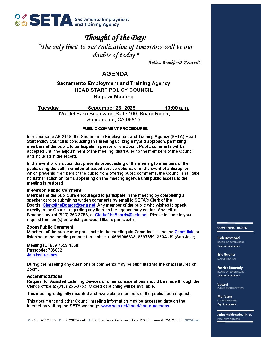 Head Start/Early Head Start Policy Council 09/23/2025