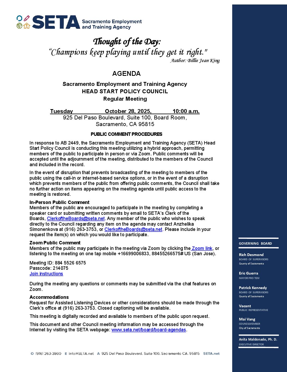 Head Start/Early Head Start Policy Council 10/28/2025