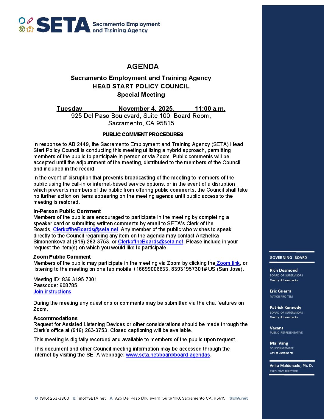 Special Meeting of the Head Start/Early Head Start Policy Council 11/04/2025