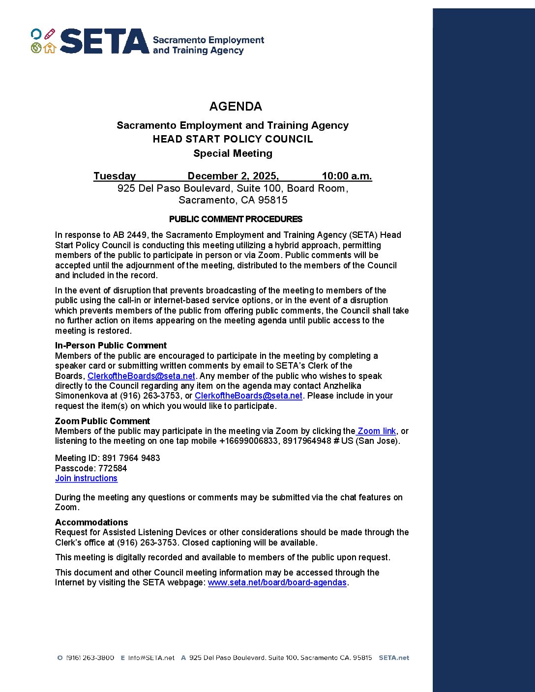 Special Meeting of Head Start/Early Head Start Policy Council 12/02/2025